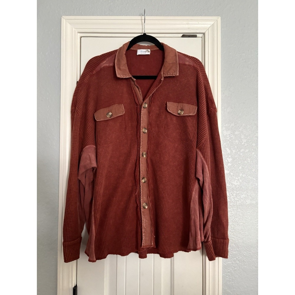Bluivy Shacket Women ML Rust Waffle Knit‎ Button Down Contrast Panel Oversized